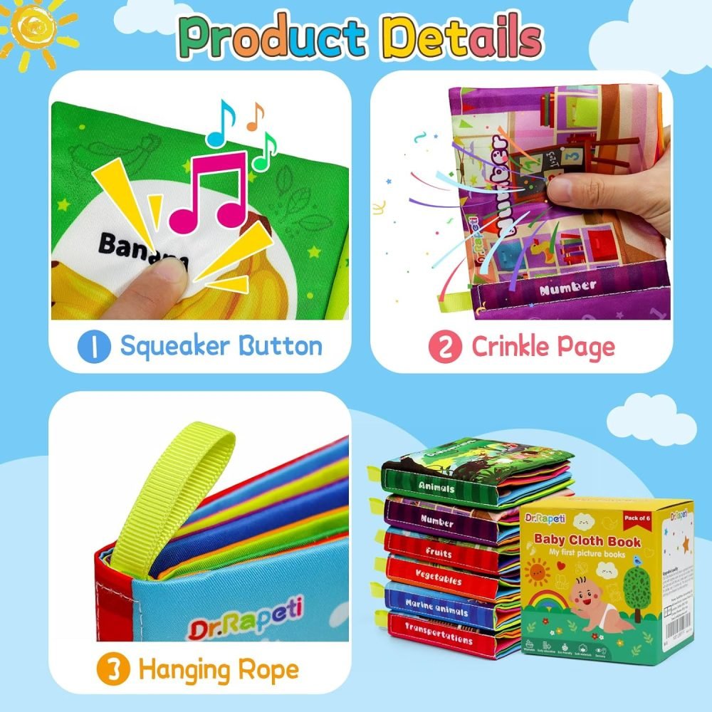 Dr.Rapeti 6 Pack Soft Books, Baby Soft Cloth Book, Sensory Book, Bath Book, Crinkle Soft Book, Washable Nontoxic Educational Learning Toy for Baby Infant Toddler Kids - Image 17