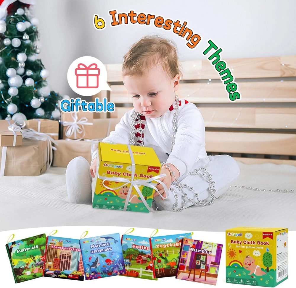 Dr.Rapeti 6 Pack Soft Books, Baby Soft Cloth Book, Sensory Book, Bath Book, Crinkle Soft Book, Washable Nontoxic Educational Learning Toy for Baby Infant Toddler Kids - Image 19