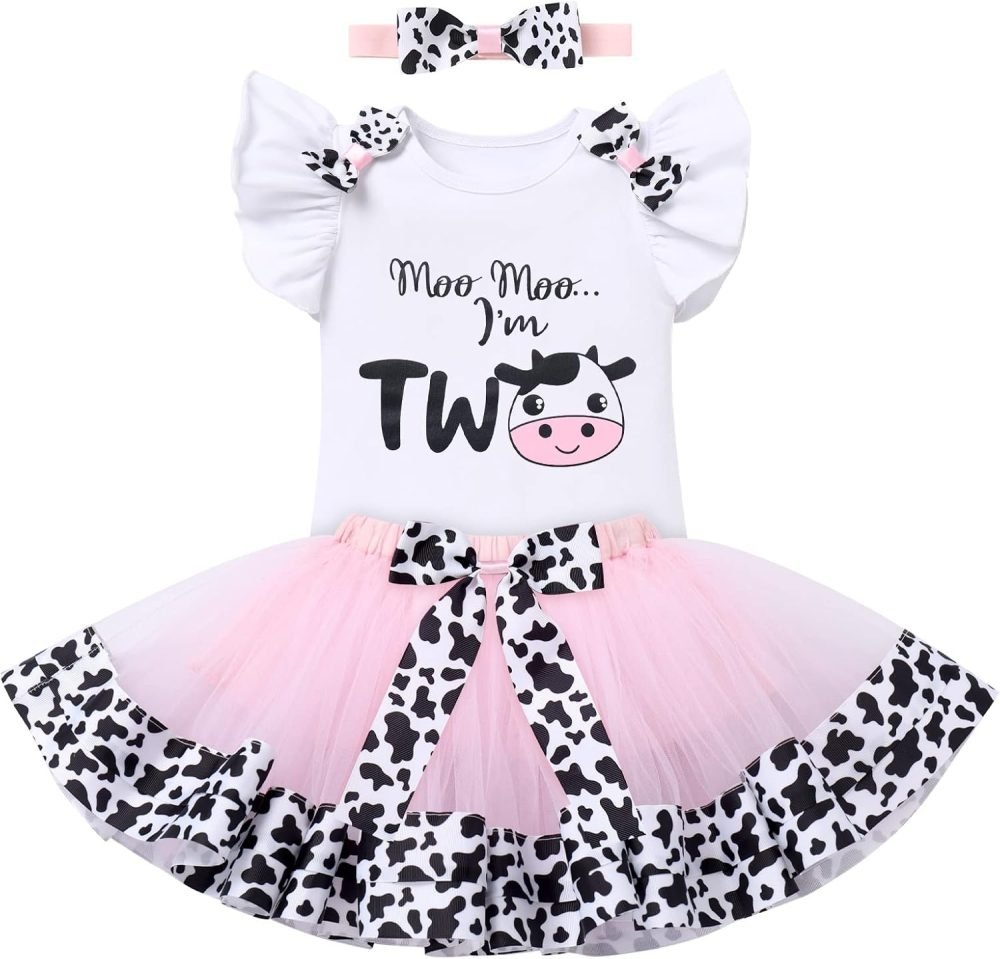 FYMNSI Baby Girl's 1st / 2nd / 3rd Cow Theme Birthday Party Cake Smash Outfit Short Sleeve Romper Tutu Skirt Bowknot Headband 3pcs Set