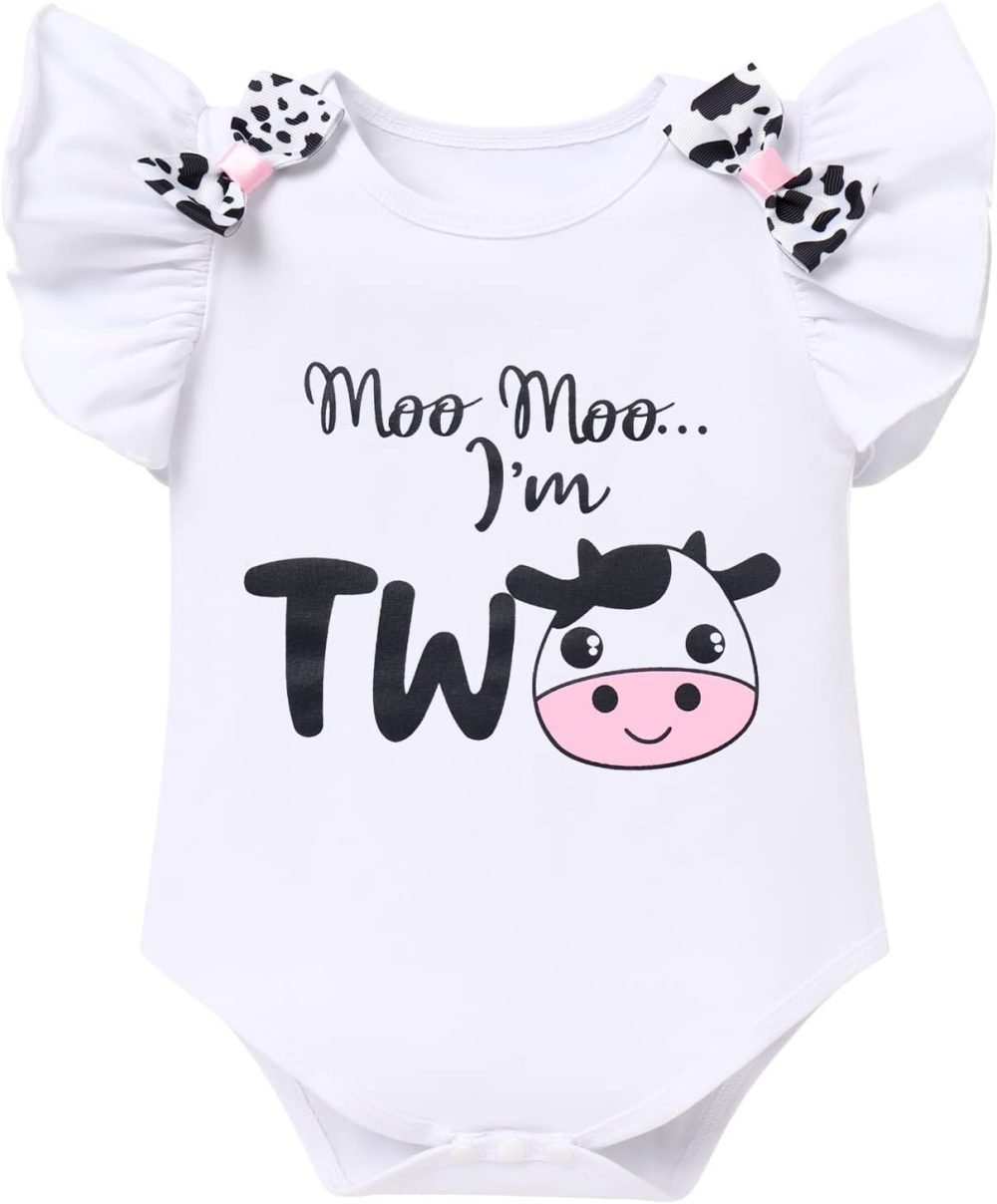 FYMNSI Baby Girl's 1st / 2nd / 3rd Cow Theme Birthday Party Cake Smash Outfit Short Sleeve Romper Tutu Skirt Bowknot Headband 3pcs Set - Image 2
