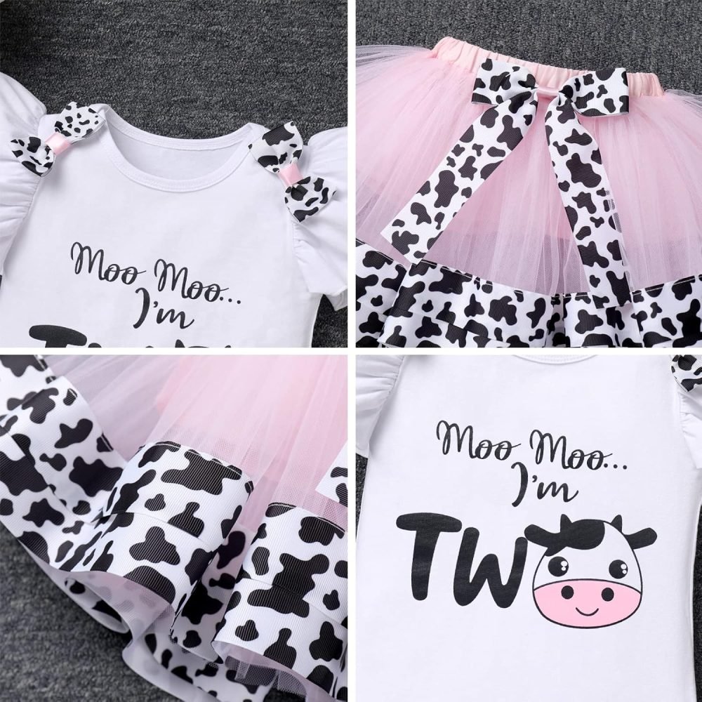 FYMNSI Baby Girl's 1st / 2nd / 3rd Cow Theme Birthday Party Cake Smash Outfit Short Sleeve Romper Tutu Skirt Bowknot Headband 3pcs Set - Image 5