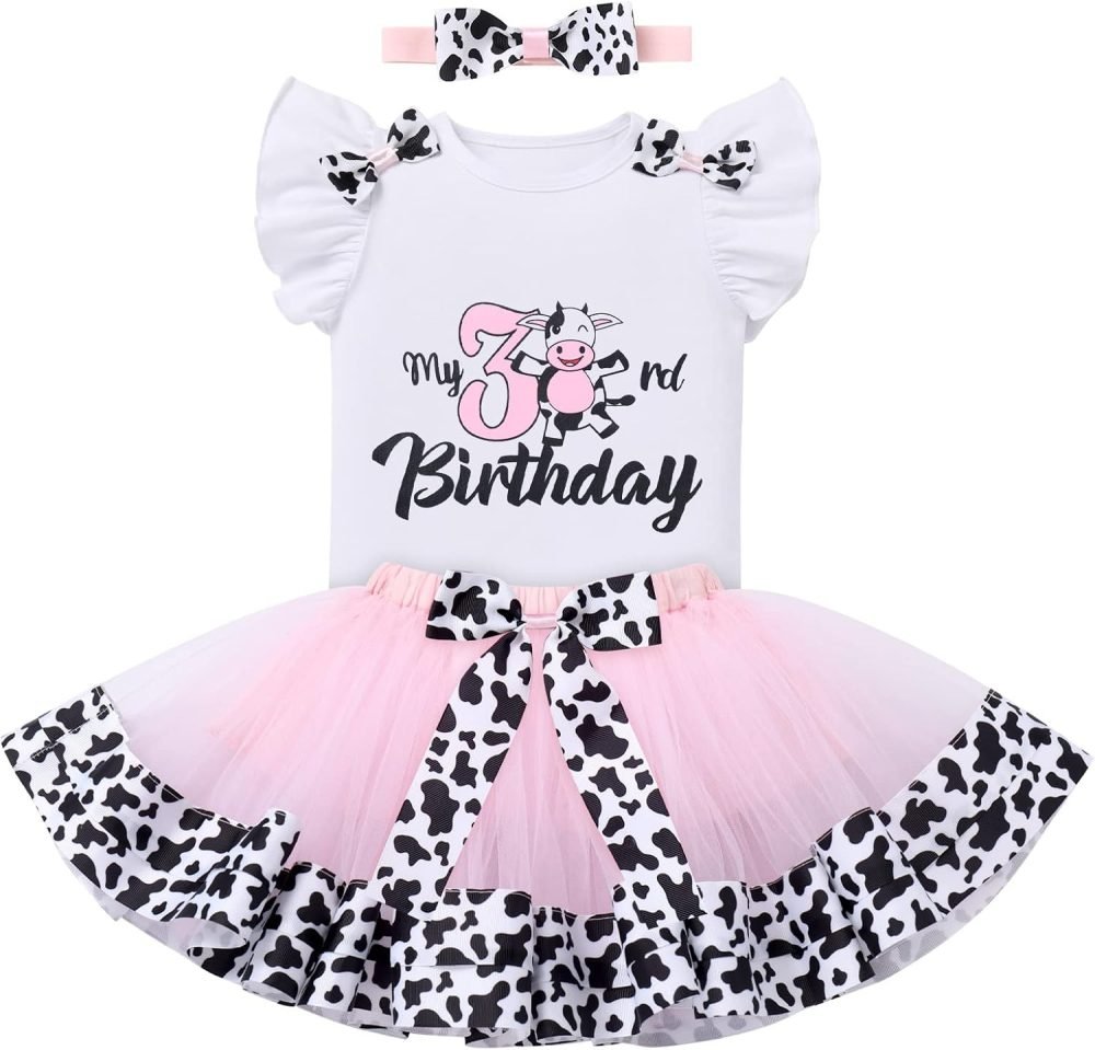 FYMNSI Baby Girl's 1st / 2nd / 3rd Cow Theme Birthday Party Cake Smash Outfit Short Sleeve Romper Tutu Skirt Bowknot Headband 3pcs Set - Image 7
