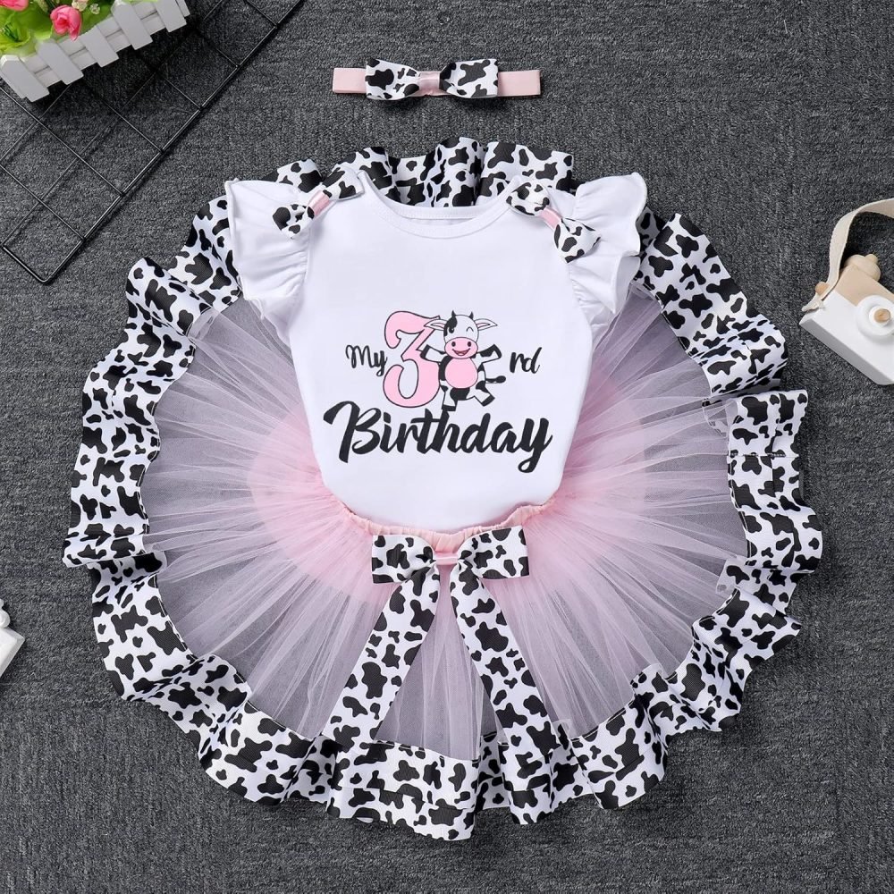 FYMNSI Baby Girl's 1st / 2nd / 3rd Cow Theme Birthday Party Cake Smash Outfit Short Sleeve Romper Tutu Skirt Bowknot Headband 3pcs Set - Image 8