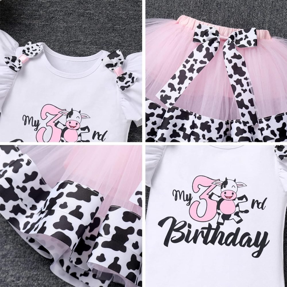 FYMNSI Baby Girl's 1st / 2nd / 3rd Cow Theme Birthday Party Cake Smash Outfit Short Sleeve Romper Tutu Skirt Bowknot Headband 3pcs Set - Image 10