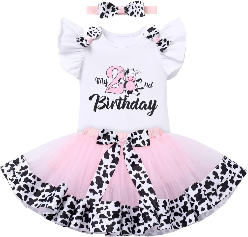 FYMNSI Baby Girl's 1st / 2nd / 3rd Cow Theme Birthday Party Cake Smash Outfit Short Sleeve Romper Tutu Skirt Bowknot Headband 3pcs Set - Image 11