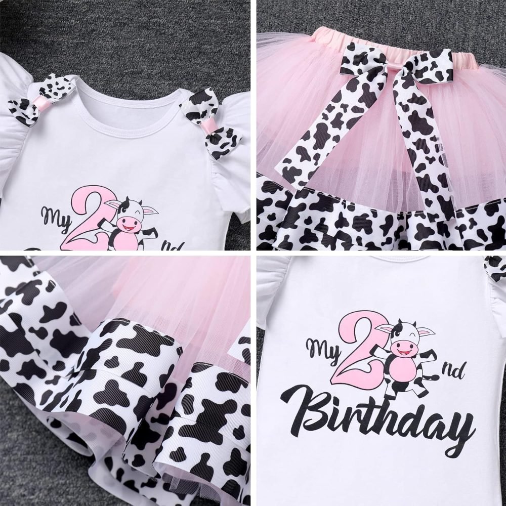 FYMNSI Baby Girl's 1st / 2nd / 3rd Cow Theme Birthday Party Cake Smash Outfit Short Sleeve Romper Tutu Skirt Bowknot Headband 3pcs Set - Image 13