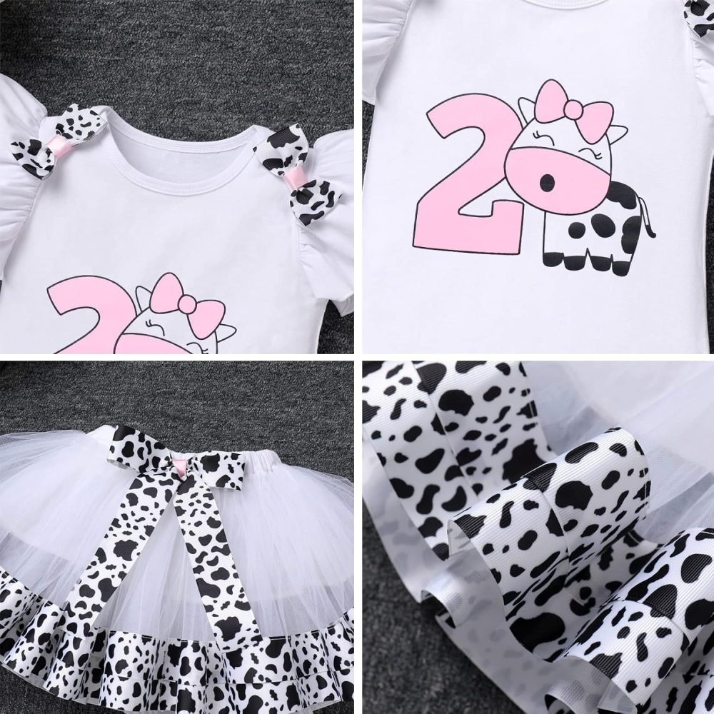 FYMNSI Baby Girl's 1st / 2nd / 3rd Cow Theme Birthday Party Cake Smash Outfit Short Sleeve Romper Tutu Skirt Bowknot Headband 3pcs Set - Image 17