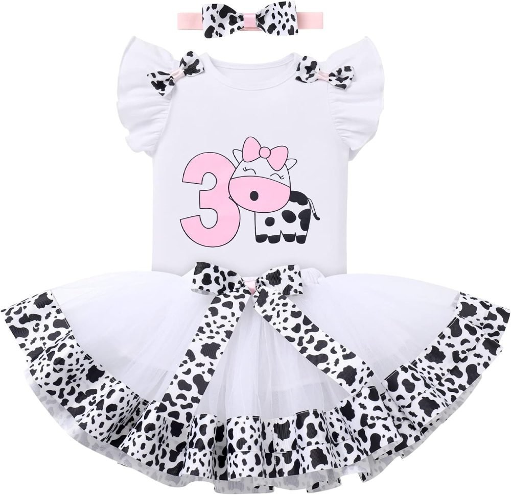 FYMNSI Baby Girl's 1st / 2nd / 3rd Cow Theme Birthday Party Cake Smash Outfit Short Sleeve Romper Tutu Skirt Bowknot Headband 3pcs Set - Image 18