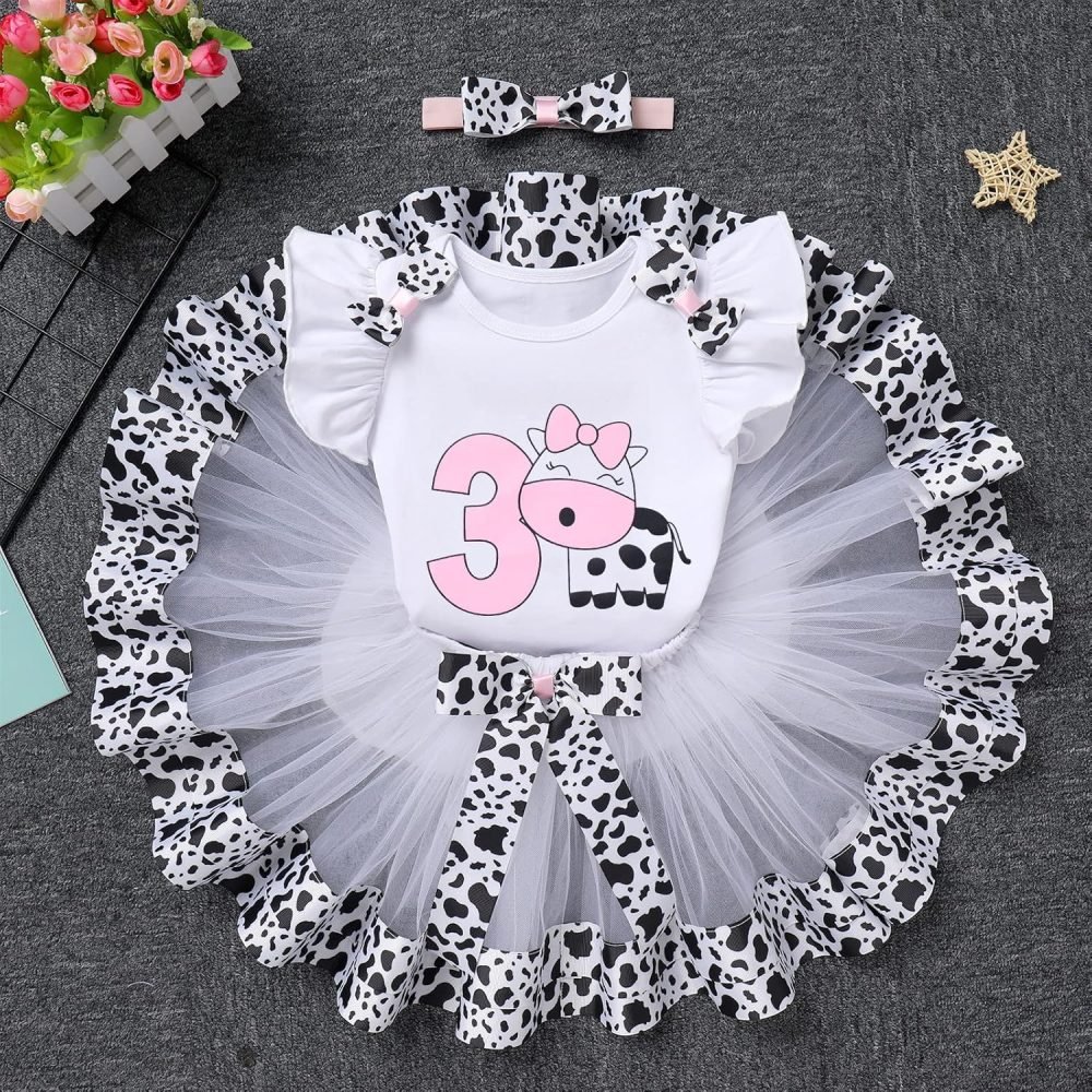 FYMNSI Baby Girl's 1st / 2nd / 3rd Cow Theme Birthday Party Cake Smash Outfit Short Sleeve Romper Tutu Skirt Bowknot Headband 3pcs Set - Image 19