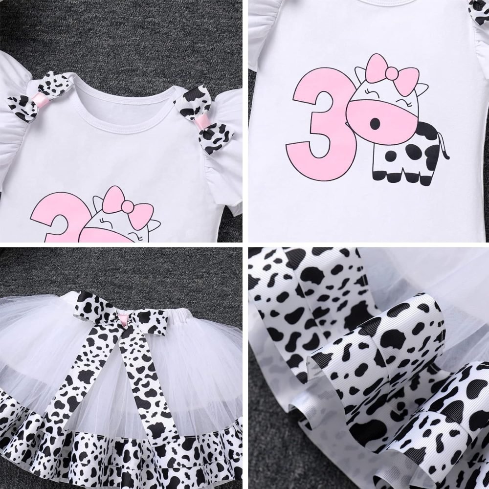 FYMNSI Baby Girl's 1st / 2nd / 3rd Cow Theme Birthday Party Cake Smash Outfit Short Sleeve Romper Tutu Skirt Bowknot Headband 3pcs Set - Image 21
