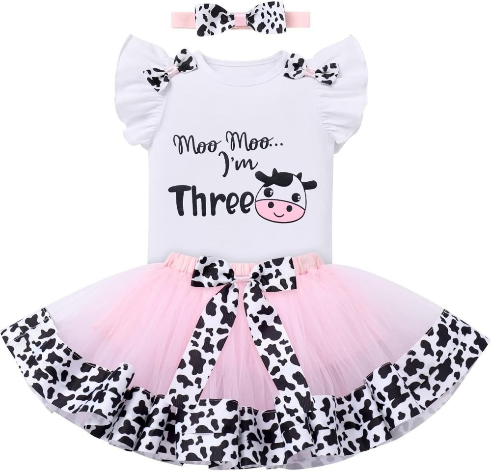 FYMNSI Baby Girl's 1st / 2nd / 3rd Cow Theme Birthday Party Cake Smash Outfit Short Sleeve Romper Tutu Skirt Bowknot Headband 3pcs Set - Image 22