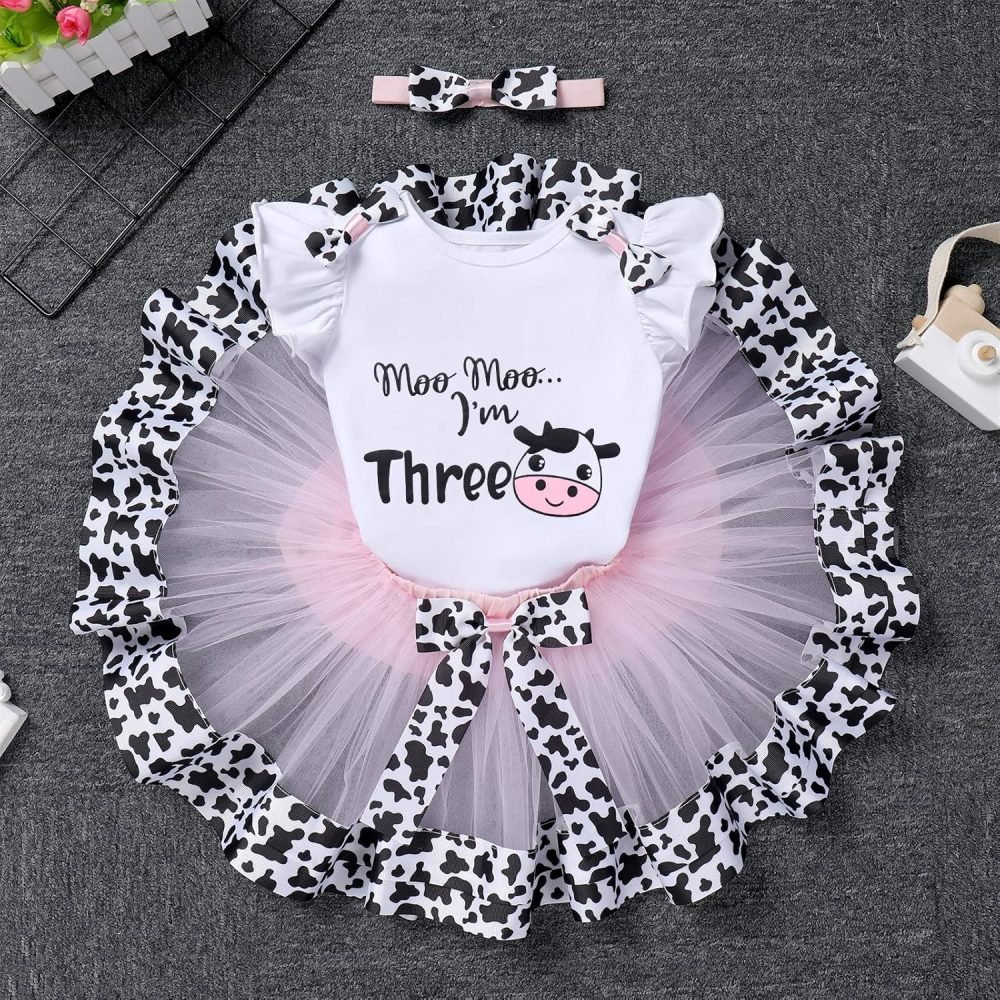 FYMNSI Baby Girl's 1st / 2nd / 3rd Cow Theme Birthday Party Cake Smash Outfit Short Sleeve Romper Tutu Skirt Bowknot Headband 3pcs Set - Image 23