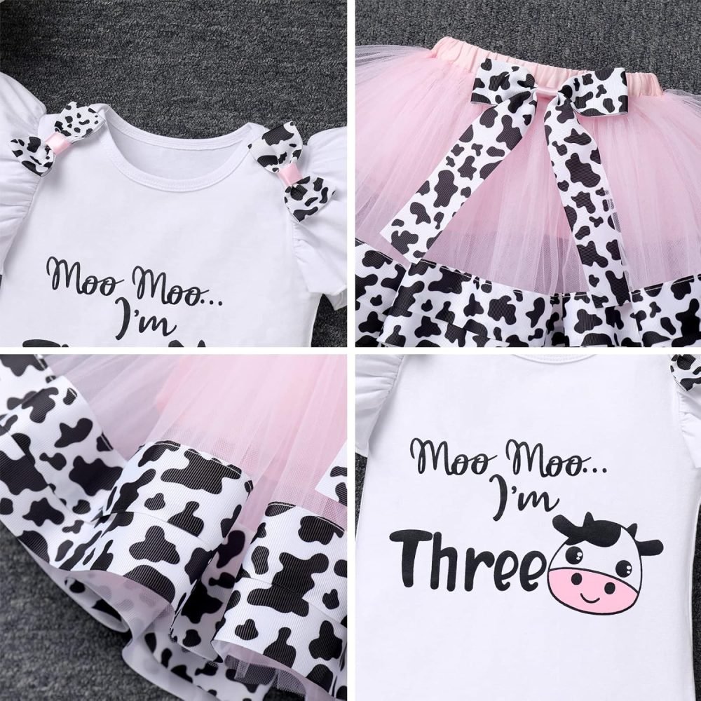 FYMNSI Baby Girl's 1st / 2nd / 3rd Cow Theme Birthday Party Cake Smash Outfit Short Sleeve Romper Tutu Skirt Bowknot Headband 3pcs Set - Image 25