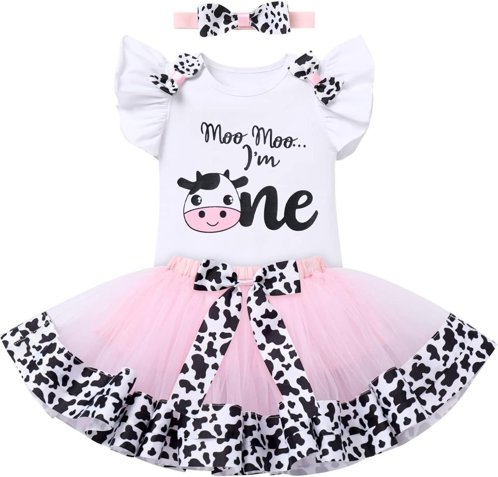 FYMNSI Baby Girl's 1st / 2nd / 3rd Cow Theme Birthday Party Cake Smash Outfit Short Sleeve Romper Tutu Skirt Bowknot Headband 3pcs Set - Image 26