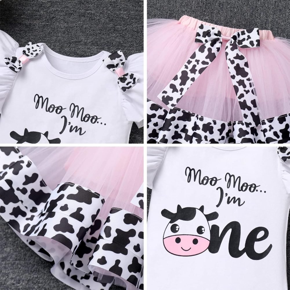 FYMNSI Baby Girl's 1st / 2nd / 3rd Cow Theme Birthday Party Cake Smash Outfit Short Sleeve Romper Tutu Skirt Bowknot Headband 3pcs Set - Image 28