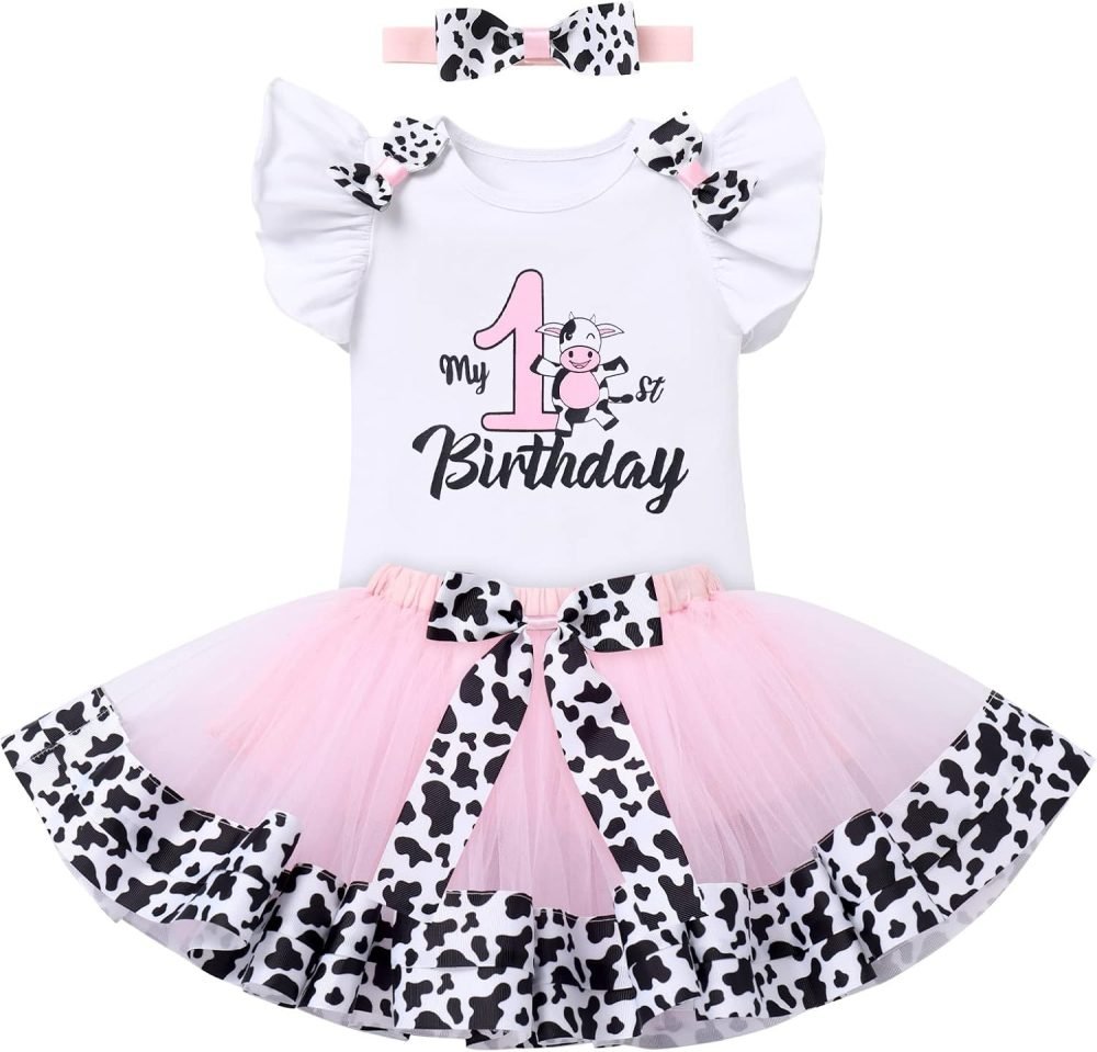 FYMNSI Baby Girl's 1st / 2nd / 3rd Cow Theme Birthday Party Cake Smash Outfit Short Sleeve Romper Tutu Skirt Bowknot Headband 3pcs Set - Image 29