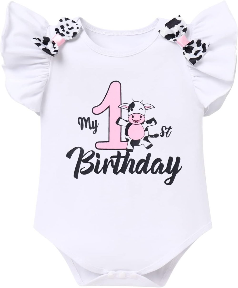 FYMNSI Baby Girl's 1st / 2nd / 3rd Cow Theme Birthday Party Cake Smash Outfit Short Sleeve Romper Tutu Skirt Bowknot Headband 3pcs Set - Image 30