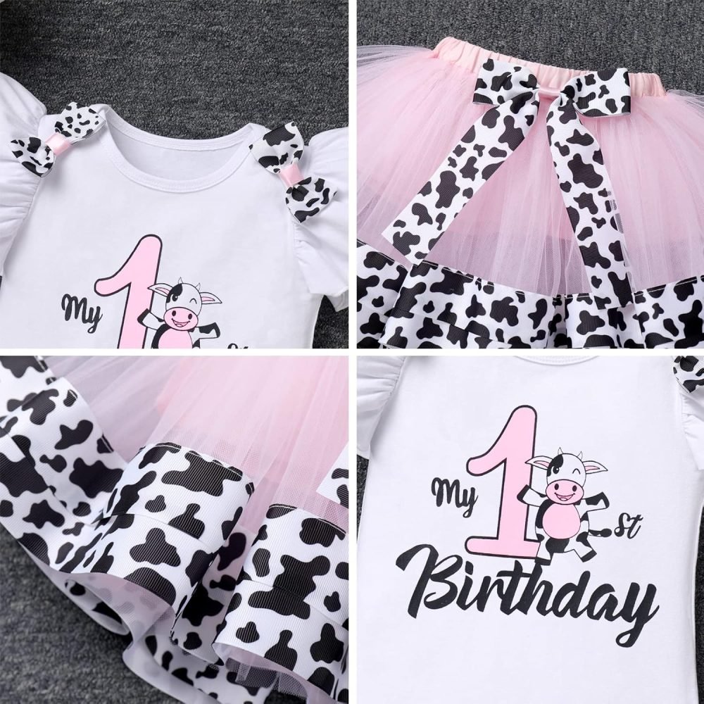 FYMNSI Baby Girl's 1st / 2nd / 3rd Cow Theme Birthday Party Cake Smash Outfit Short Sleeve Romper Tutu Skirt Bowknot Headband 3pcs Set - Image 31