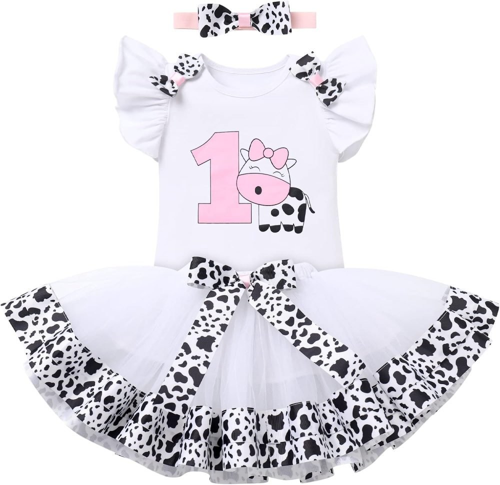FYMNSI Baby Girl's 1st / 2nd / 3rd Cow Theme Birthday Party Cake Smash Outfit Short Sleeve Romper Tutu Skirt Bowknot Headband 3pcs Set - Image 32
