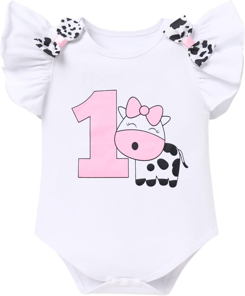 FYMNSI Baby Girl's 1st / 2nd / 3rd Cow Theme Birthday Party Cake Smash Outfit Short Sleeve Romper Tutu Skirt Bowknot Headband 3pcs Set - Image 33