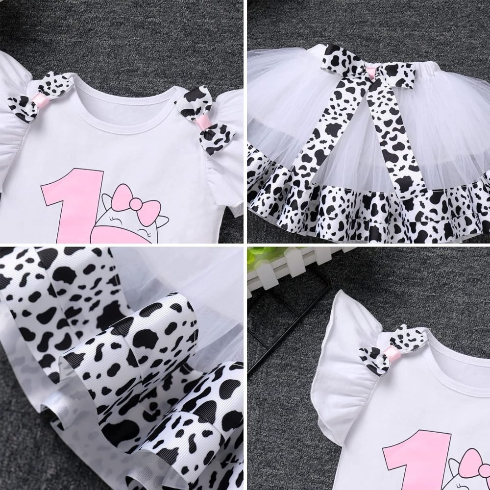 FYMNSI Baby Girl's 1st / 2nd / 3rd Cow Theme Birthday Party Cake Smash Outfit Short Sleeve Romper Tutu Skirt Bowknot Headband 3pcs Set - Image 36