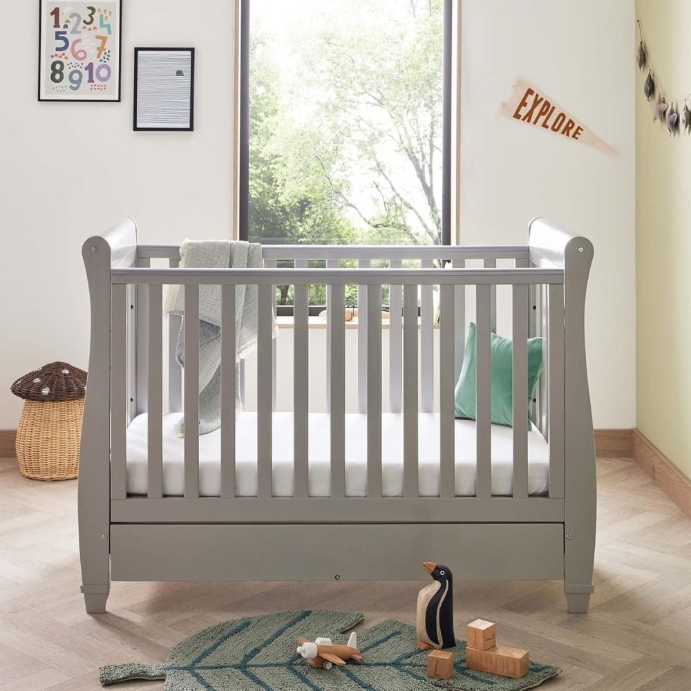 Babymore Eva Sleigh Cot Bed Drop Side with Drawer | Solid Pine Wood | Converts into Day Bed, Toddler Bed | Teething Rail (White)