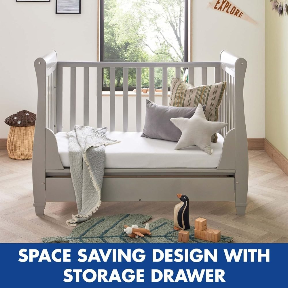 Babymore Eva Sleigh Cot Bed Drop Side with Drawer | Solid Pine Wood | Converts into Day Bed, Toddler Bed | Teething Rail (White) - Image 2