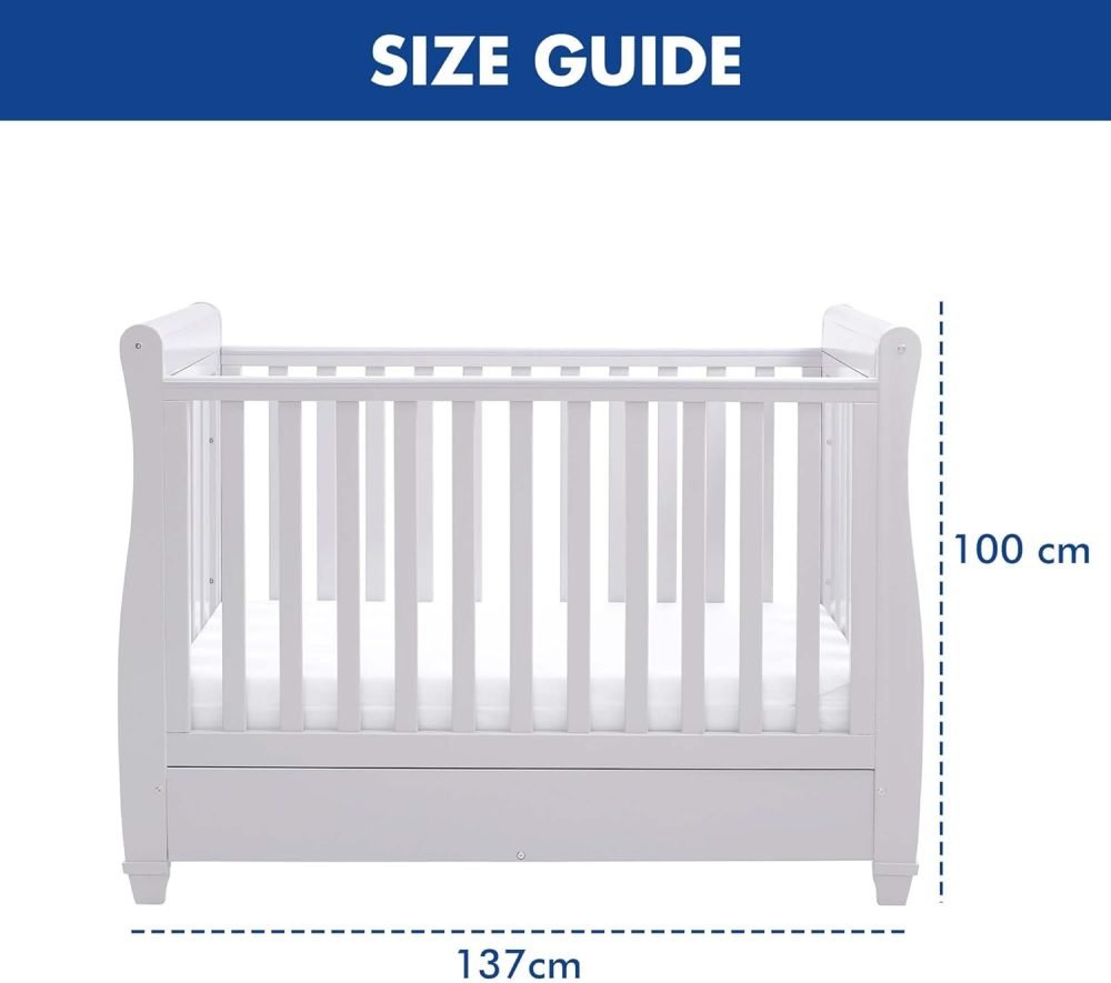 Babymore Eva Sleigh Cot Bed Drop Side with Drawer | Solid Pine Wood | Converts into Day Bed, Toddler Bed | Teething Rail (White) - Image 4