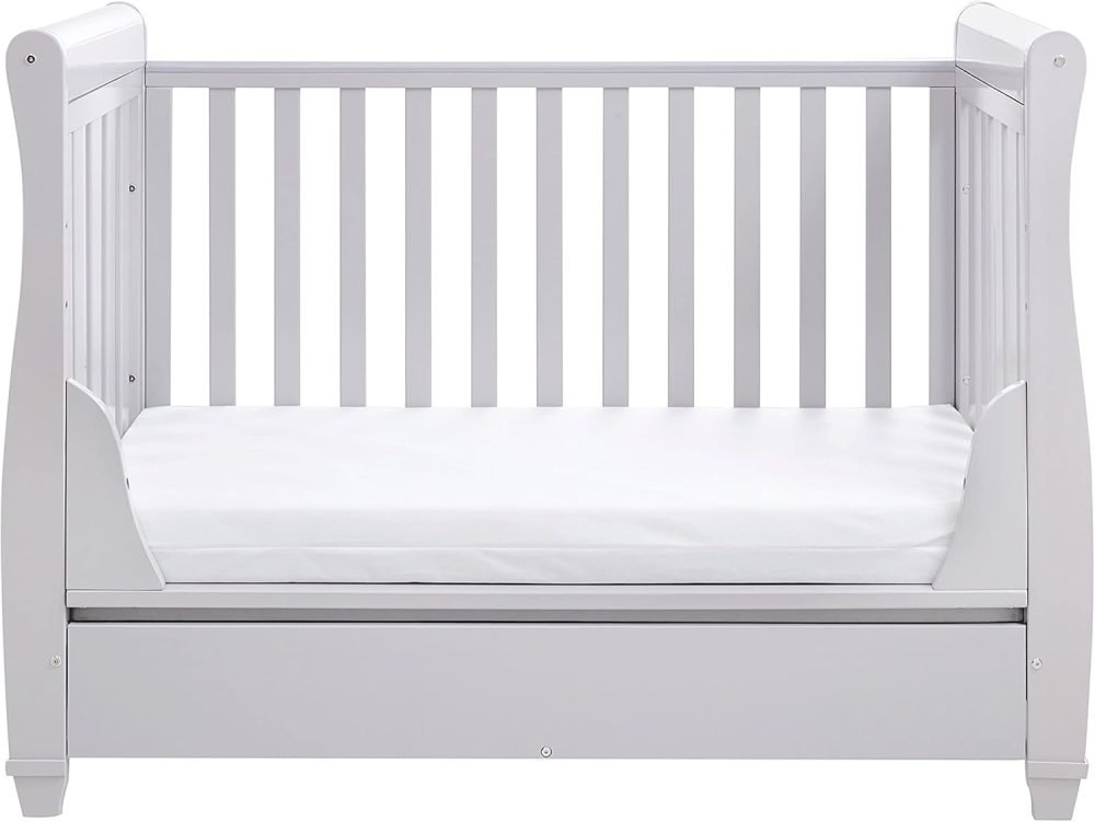 Babymore Eva Sleigh Cot Bed Drop Side with Drawer | Solid Pine Wood | Converts into Day Bed, Toddler Bed | Teething Rail (White) - Image 7