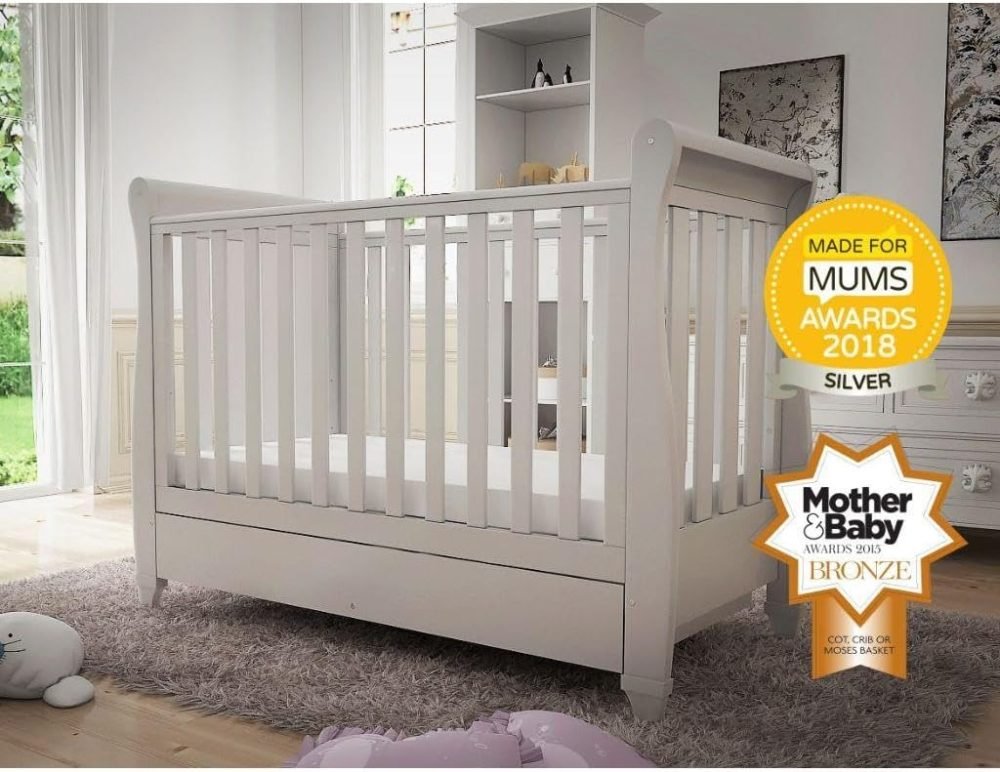 Babymore Eva Sleigh Cot Bed Drop Side with Drawer | Solid Pine Wood | Converts into Day Bed, Toddler Bed | Teething Rail (White) - Image 19