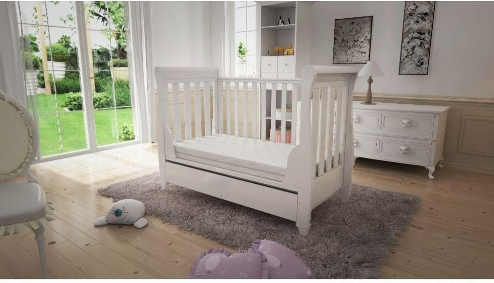 Babymore Eva Sleigh Cot Bed Drop Side with Drawer | Solid Pine Wood | Converts into Day Bed, Toddler Bed | Teething Rail (White) - Image 20