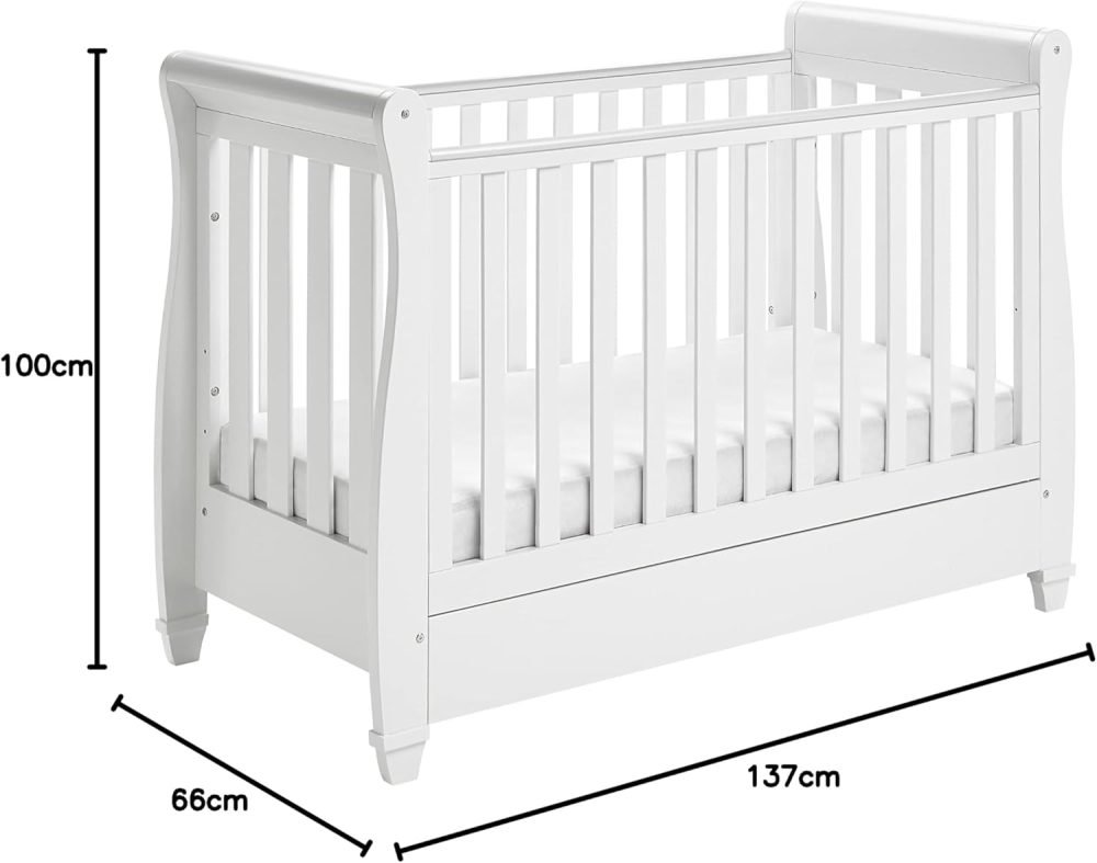 Babymore Eva Sleigh Cot Bed Drop Side with Drawer | Solid Pine Wood | Converts into Day Bed, Toddler Bed | Teething Rail (White) - Image 26