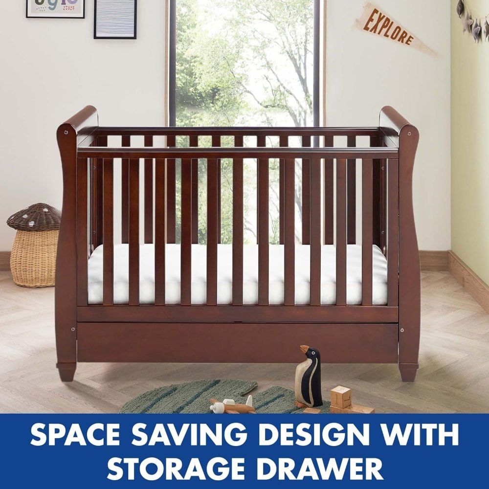 Babymore Eva Sleigh Cot Bed White - Drop Side Cot Bed With Mattress Included, Baby Cot Bed With Teething Rail & Drawer, Convertible to Toddler Bed & Day Bed,| 3 Adjustable Bed Base Positions (White) - Image 3
