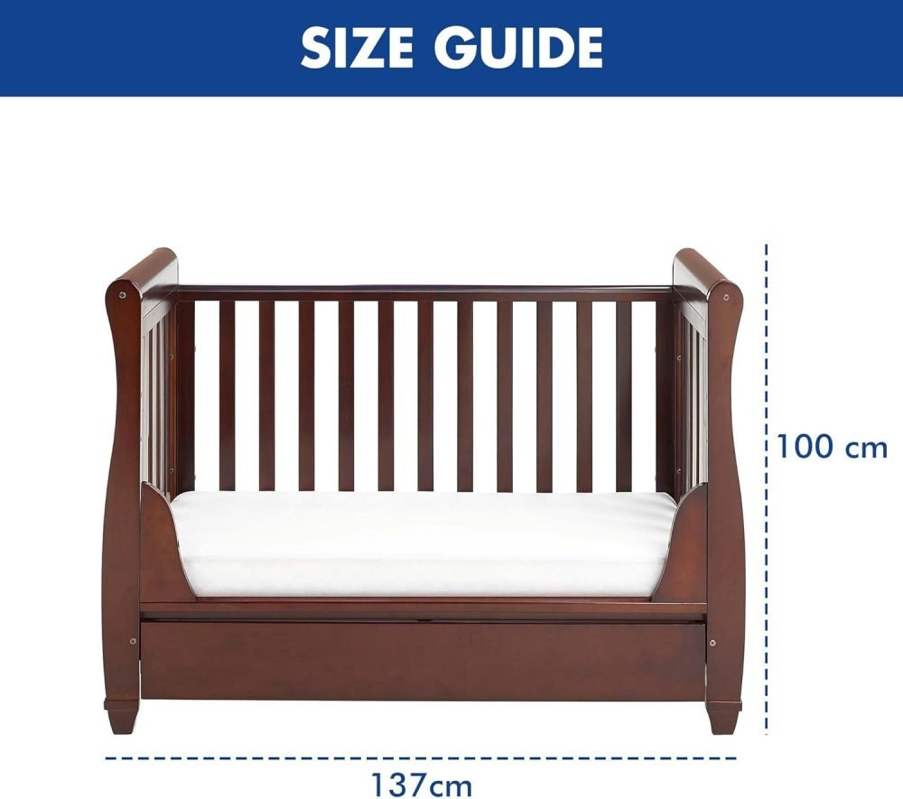 Babymore Eva Sleigh Cot Bed White - Drop Side Cot Bed With Mattress Included, Baby Cot Bed With Teething Rail & Drawer, Convertible to Toddler Bed & Day Bed,| 3 Adjustable Bed Base Positions (White) - Image 4