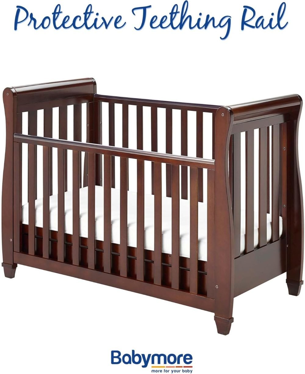 Babymore Eva Sleigh Cot Bed White - Drop Side Cot Bed With Mattress Included, Baby Cot Bed With Teething Rail & Drawer, Convertible to Toddler Bed & Day Bed,| 3 Adjustable Bed Base Positions (White) - Image 6