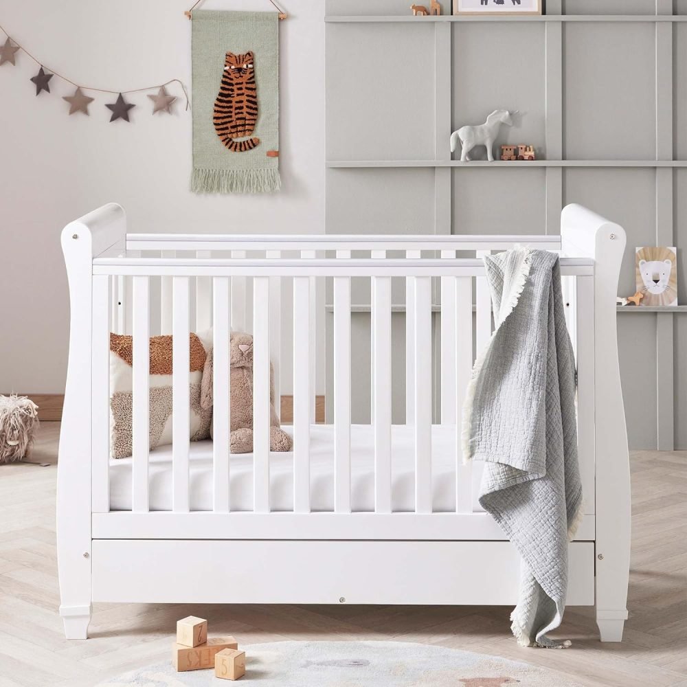 Babymore Eva Sleigh Cot Bed White - Drop Side Cot Bed With Mattress Included, Baby Cot Bed With Teething Rail & Drawer, Convertible to Toddler Bed & Day Bed,| 3 Adjustable Bed Base Positions (White) - Image 15