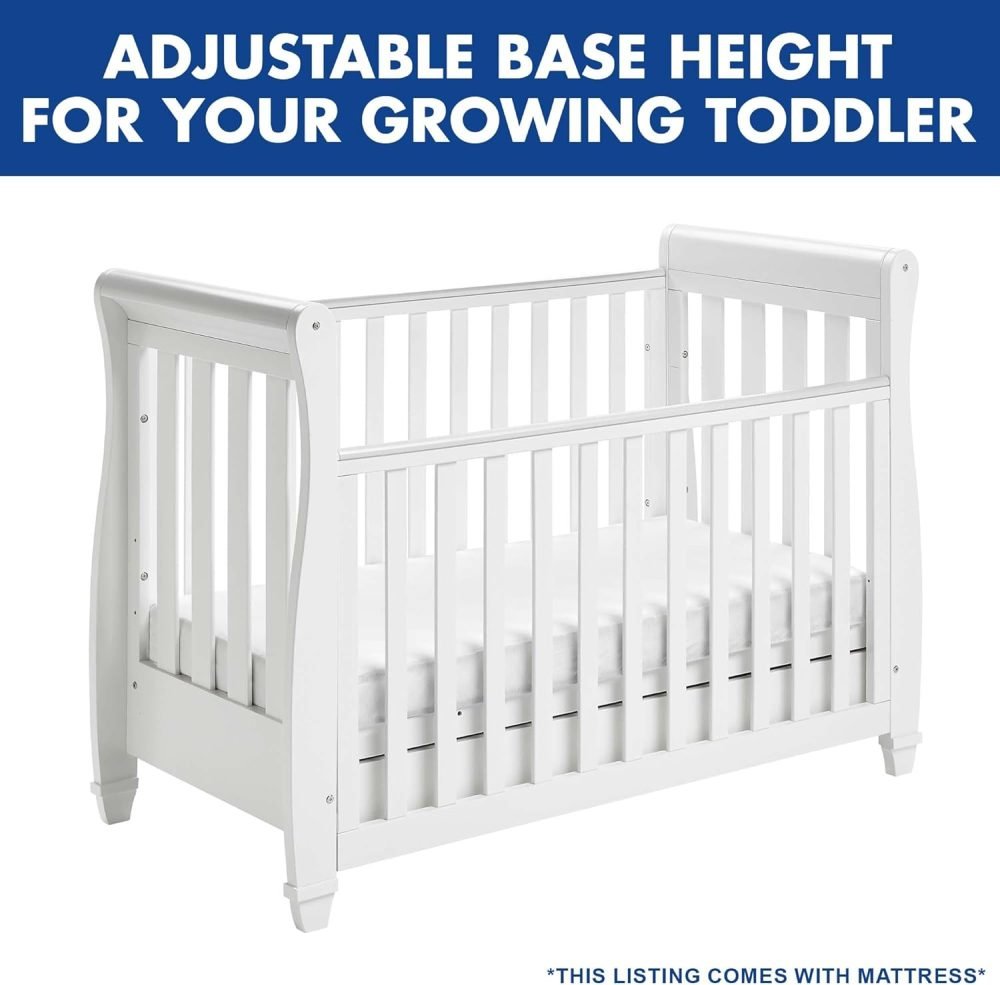 Babymore Eva Sleigh Cot Bed White - Drop Side Cot Bed With Mattress Included, Baby Cot Bed With Teething Rail & Drawer, Convertible to Toddler Bed & Day Bed,| 3 Adjustable Bed Base Positions (White) - Image 16
