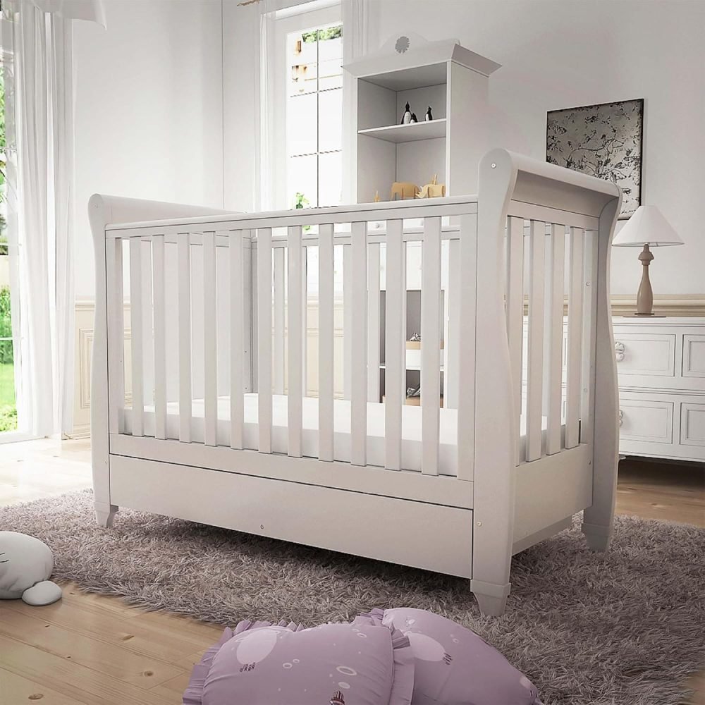 Babymore Eva Sleigh Cot Bed White - Drop Side Cot Bed With Mattress Included, Baby Cot Bed With Teething Rail & Drawer, Convertible to Toddler Bed & Day Bed,| 3 Adjustable Bed Base Positions (White) - Image 17
