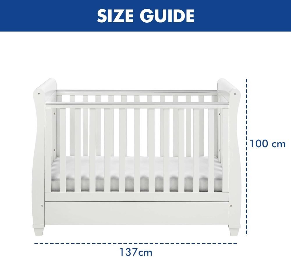 Babymore Eva Sleigh Cot Bed White - Drop Side Cot Bed With Mattress Included, Baby Cot Bed With Teething Rail & Drawer, Convertible to Toddler Bed & Day Bed,| 3 Adjustable Bed Base Positions (White) - Image 18