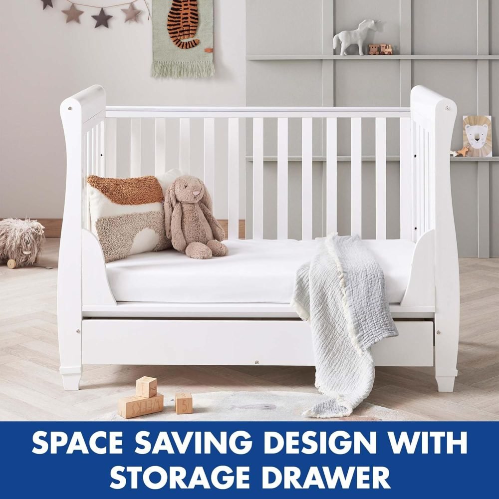 Babymore Eva Sleigh Cot Bed White - Drop Side Cot Bed With Mattress Included, Baby Cot Bed With Teething Rail & Drawer, Convertible to Toddler Bed & Day Bed,| 3 Adjustable Bed Base Positions (White) - Image 20