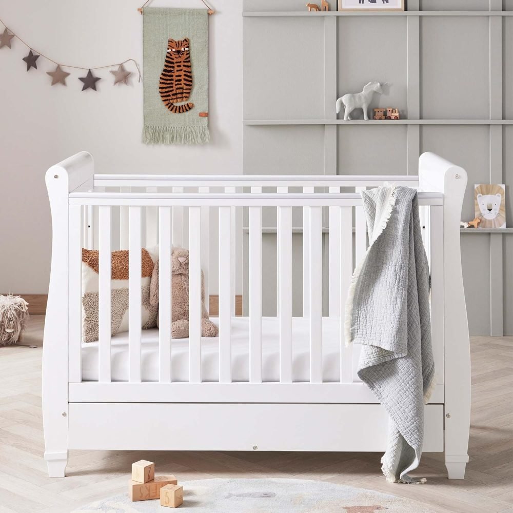 Babymore Eva Sleigh Cot Bed White - Drop Side Cot Bed With Mattress Included, Baby Cot Bed With Teething Rail & Drawer, Convertible to Toddler Bed & Day Bed,| 3 Adjustable Bed Base Positions (White) - Image 22