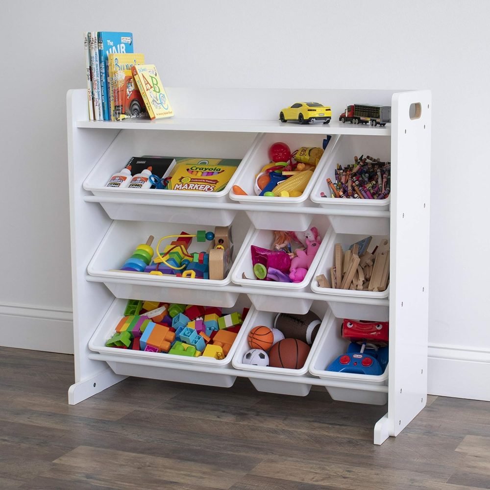 Humble Crew Children's Shelf, Toy Organiser Shelf with 9 Storage Boxes, White/White