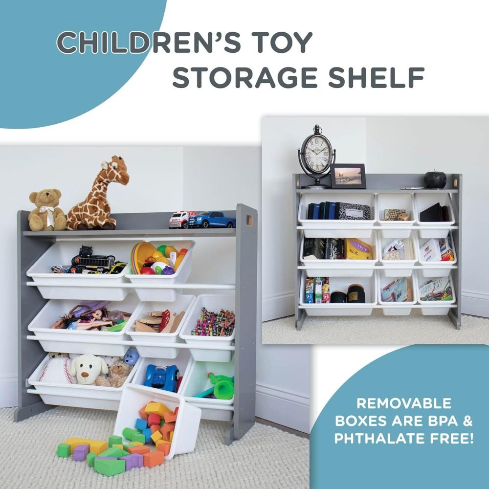 Humble Crew Children's Shelf, Toy Organiser Shelf with 9 Storage Boxes, White/White - Image 18