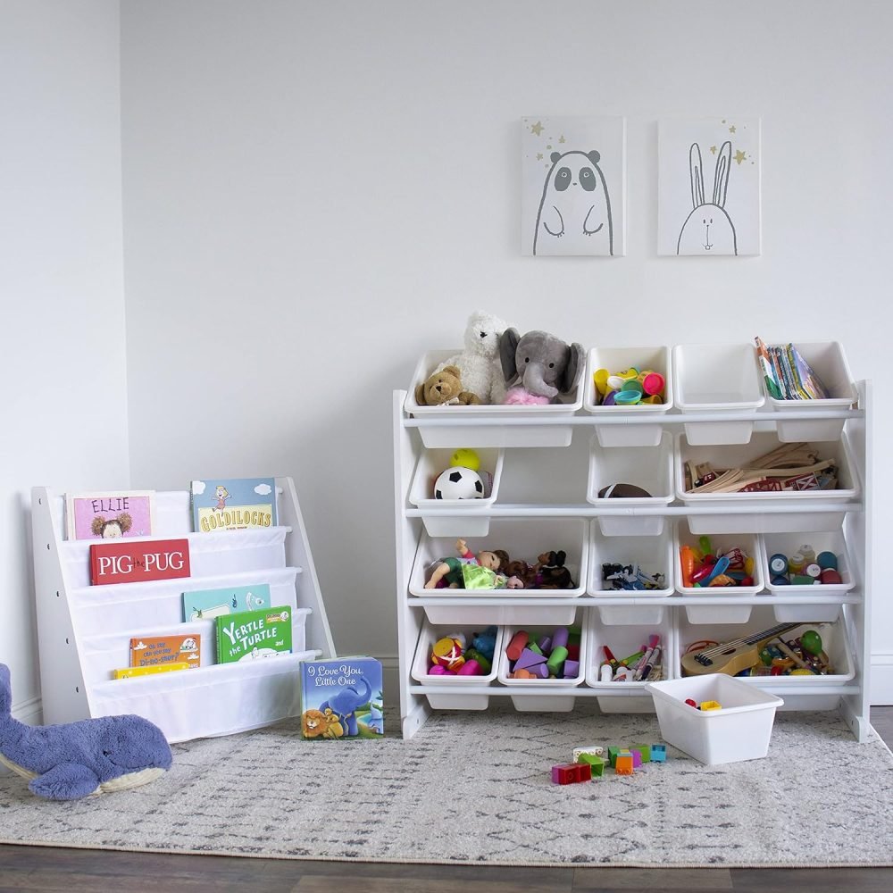 Humble Crew Children's Shelf, Toy Organiser Shelf with 9 Storage Boxes, White/Grey - Image 5