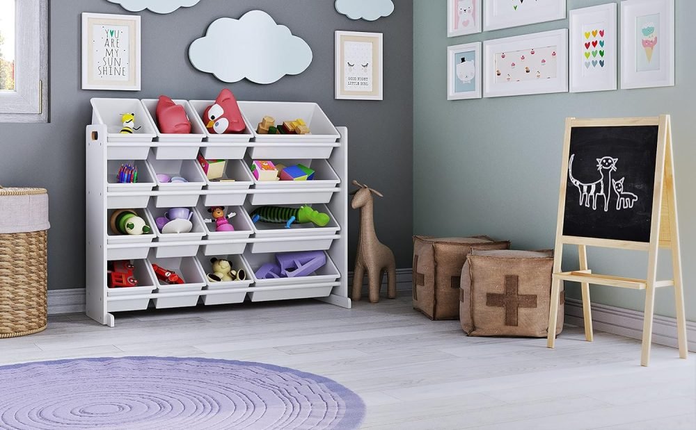 Humble Crew Children's Shelf, Toy Organiser Shelf with 9 Storage Boxes, White/Grey - Image 6