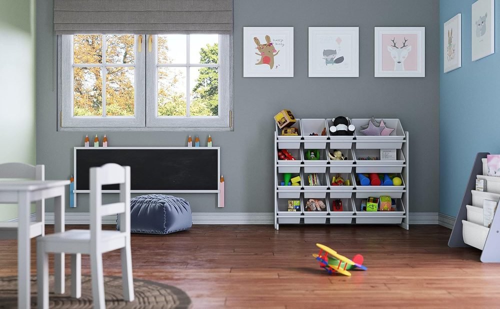 Humble Crew Children's Shelf, Toy Organiser Shelf with 9 Storage Boxes, White/Grey - Image 7