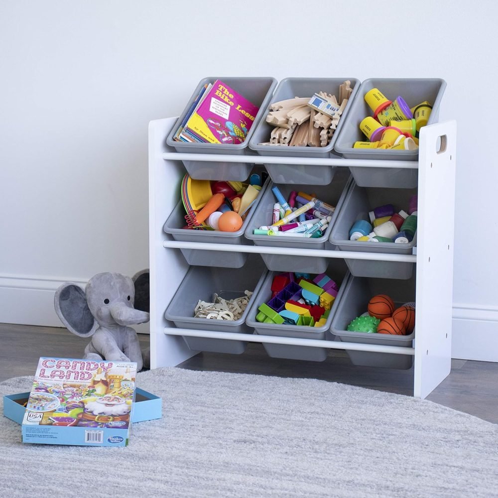 Humble Crew Children's Shelf, Toy Organiser Shelf with 9 Storage Boxes, White/Grey - Image 21