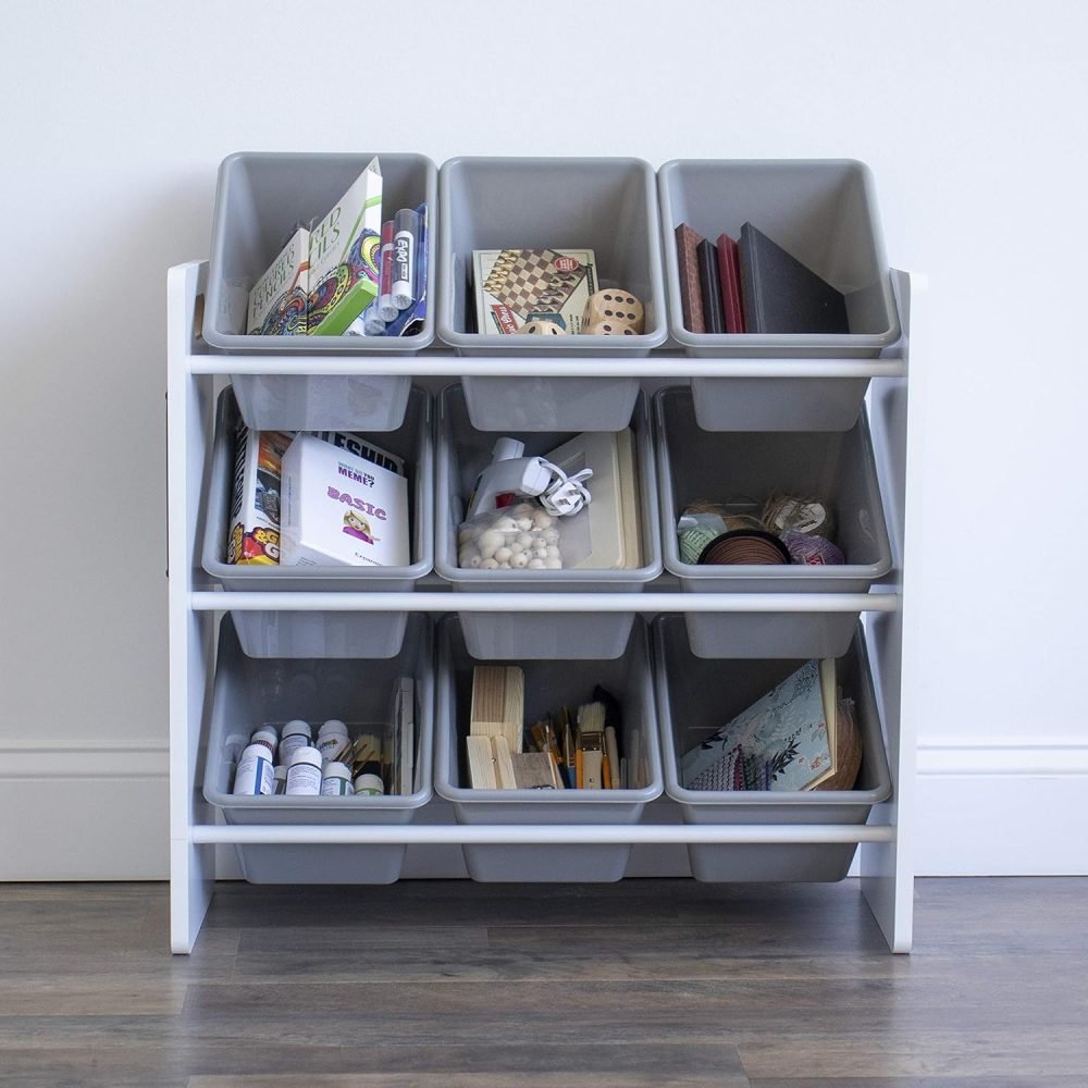 Humble Crew Children's Shelf, Toy Organiser Shelf with 9 Storage Boxes, White/Grey - Image 23