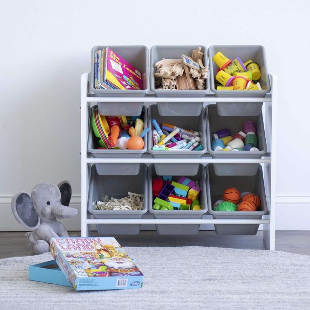 Humble Crew Children's Shelf, Toy Organiser Shelf with 9 Storage Boxes, White/Grey - Image 28