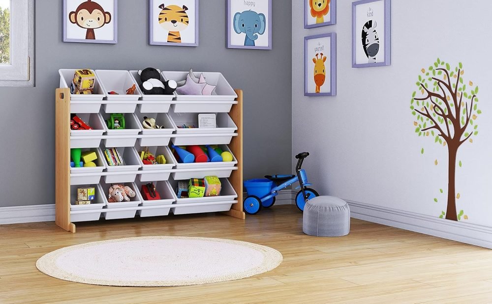 Humble Crew Children's Shelf, Toy Organiser Shelf with 9 Storage Boxes, White/Grey - Image 44